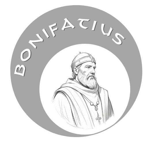 Bonifatius - Historische Illustratie Logo met een historische afbeelding van Bonifatius, omringd door een grijze cirkel met zijn naam in gebogen letters.